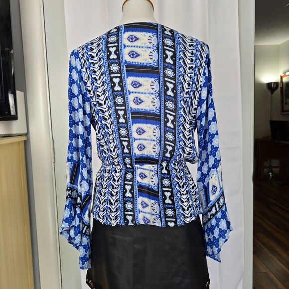 Free People Rosalie Wrap Blouse In Indigo Bell Sleeve V-Neck Blouse Size S - Picture 9 of 13